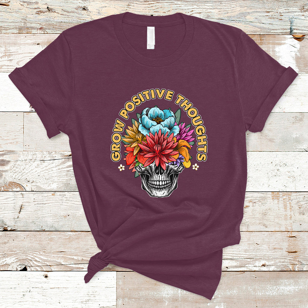 Mental Health Matters T Shirt Grow Positive Thoughts Mental Health Awareness Groovy Retro Floral Skull With Flowers - Wonder Print Shop