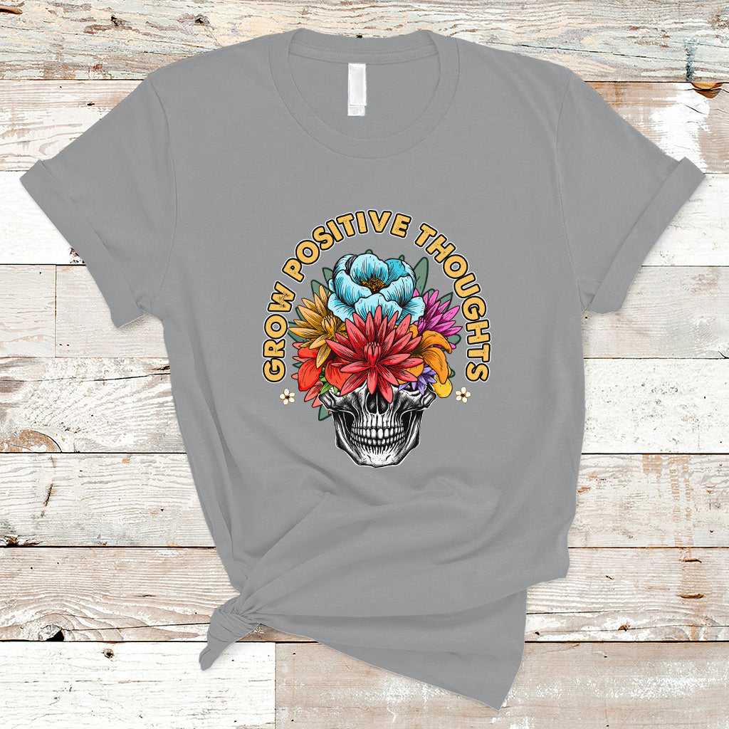 Mental Health Matters T Shirt Grow Positive Thoughts Mental Health Awareness Groovy Retro Floral Skull With Flowers - Wonder Print Shop