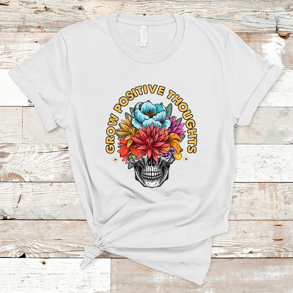 Mental Health Matters T Shirt Grow Positive Thoughts Mental Health Awareness Groovy Retro Floral Skull With Flowers - Wonder Print Shop