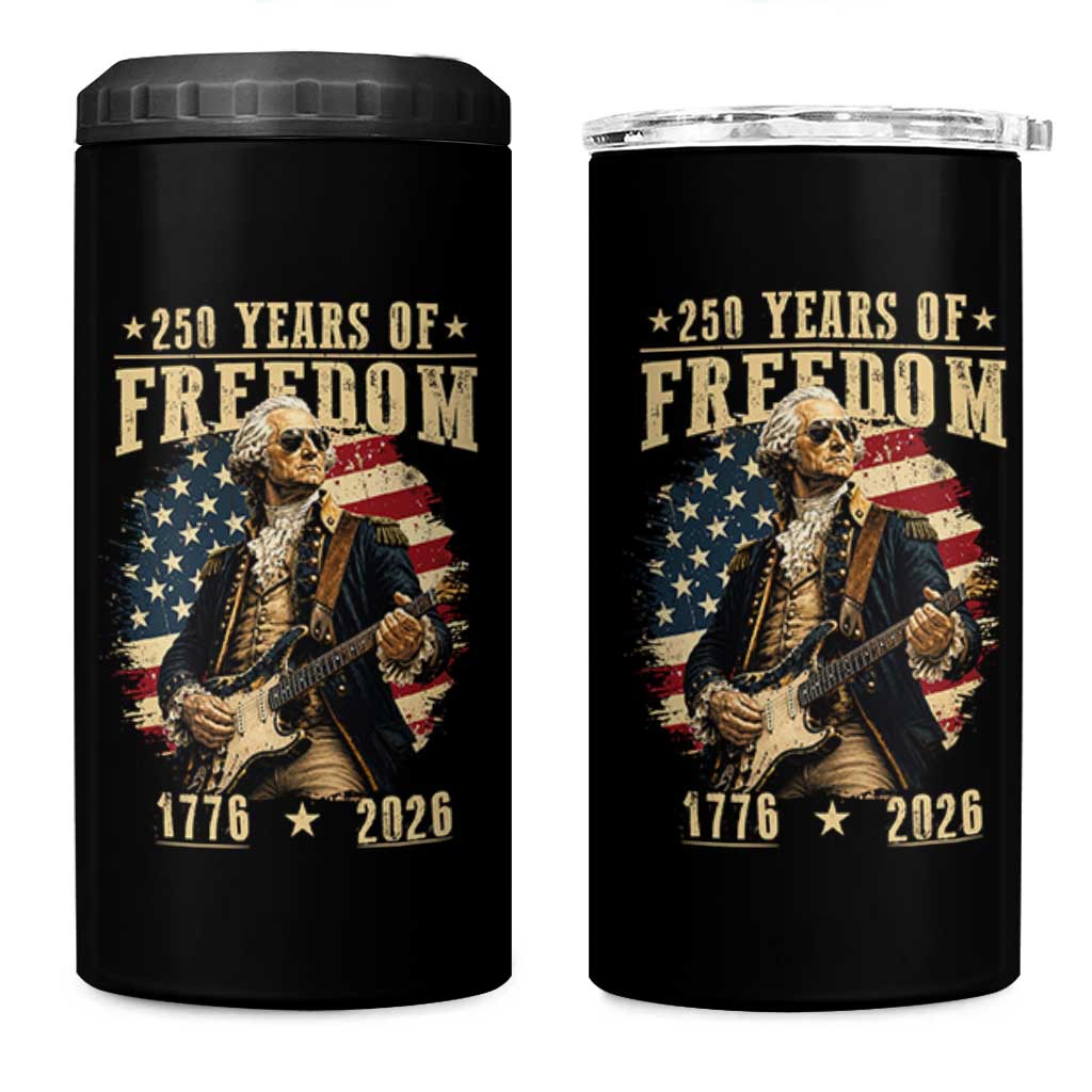 250 Years of Freedom George Washington Rock Star 4 in 1 Can Cooler Tumbler Funny Electric Guitar Player Vintage American Flag 1776 to 2026 Semiquincentennial