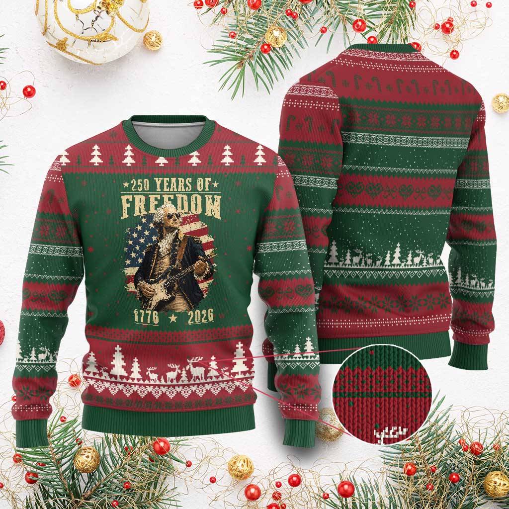 250 Years of Freedom George Washington Rock Star Ugly Christmas Sweater Funny Electric Guitar Player Vintage American Flag 1776 to 2026 Semiquincentennial