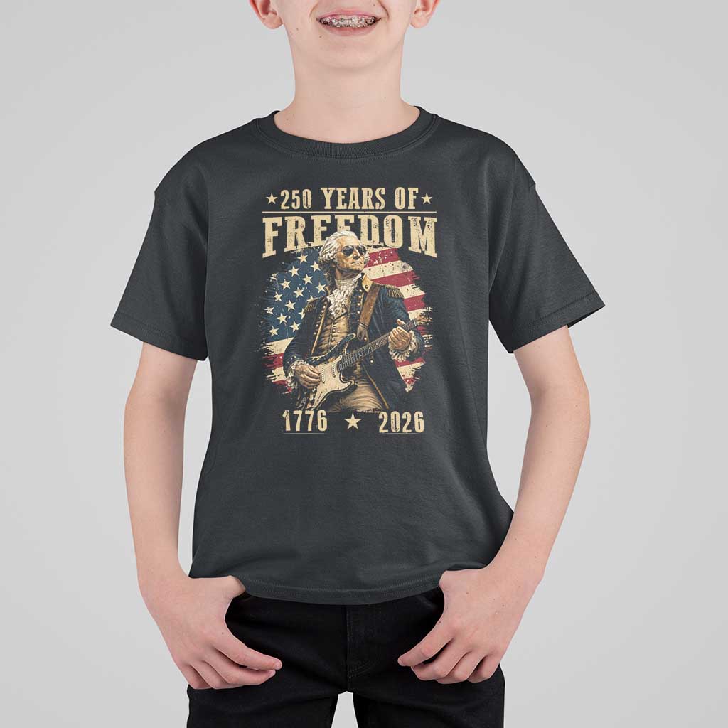 250 Years of Freedom George Washington Rock Star T Shirt For Kid Funny Electric Guitar Player Vintage American Flag 1776 to 2026 Semiquincentennial