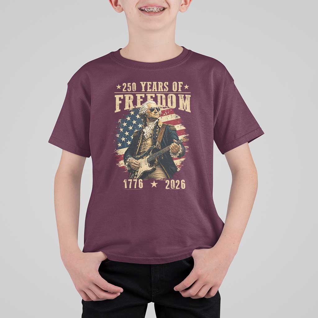 250 Years of Freedom George Washington Rock Star T Shirt For Kid Funny Electric Guitar Player Vintage American Flag 1776 to 2026 Semiquincentennial