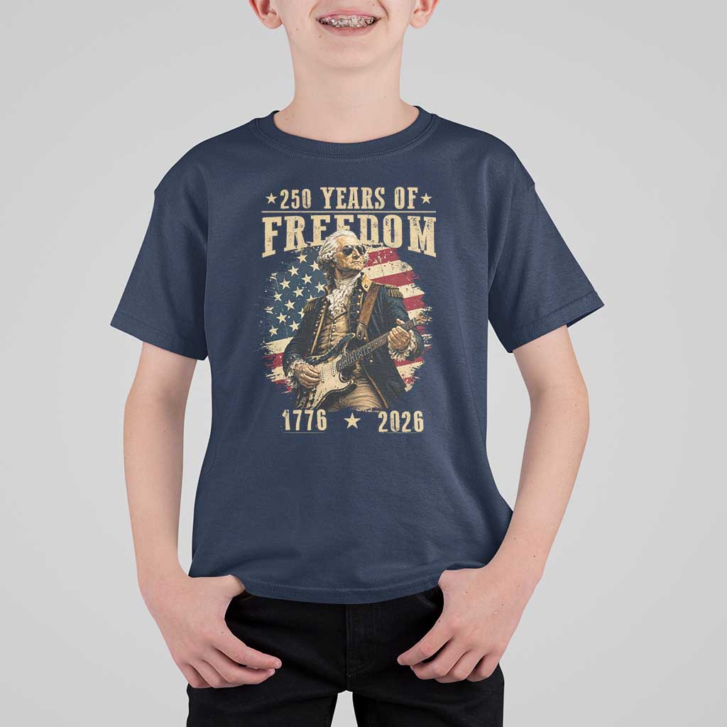 250 Years of Freedom George Washington Rock Star T Shirt For Kid Funny Electric Guitar Player Vintage American Flag 1776 to 2026 Semiquincentennial