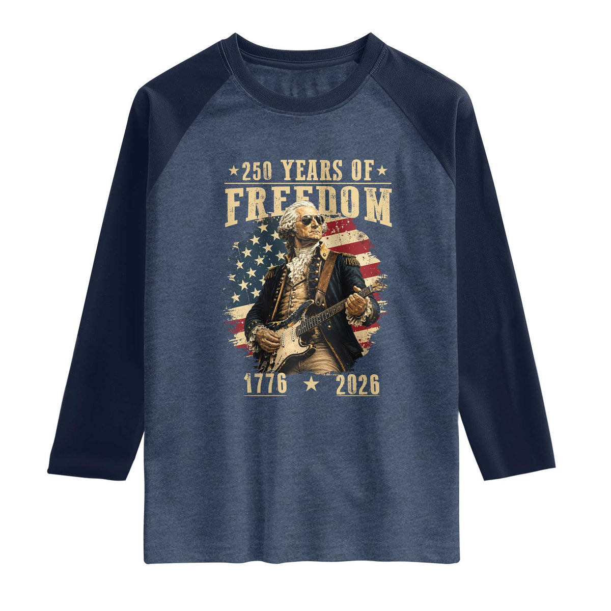 250 Years of Freedom George Washington Rock Star Raglan Shirt Funny Electric Guitar Player Vintage American Flag 1776 to 2026 Semiquincentennial