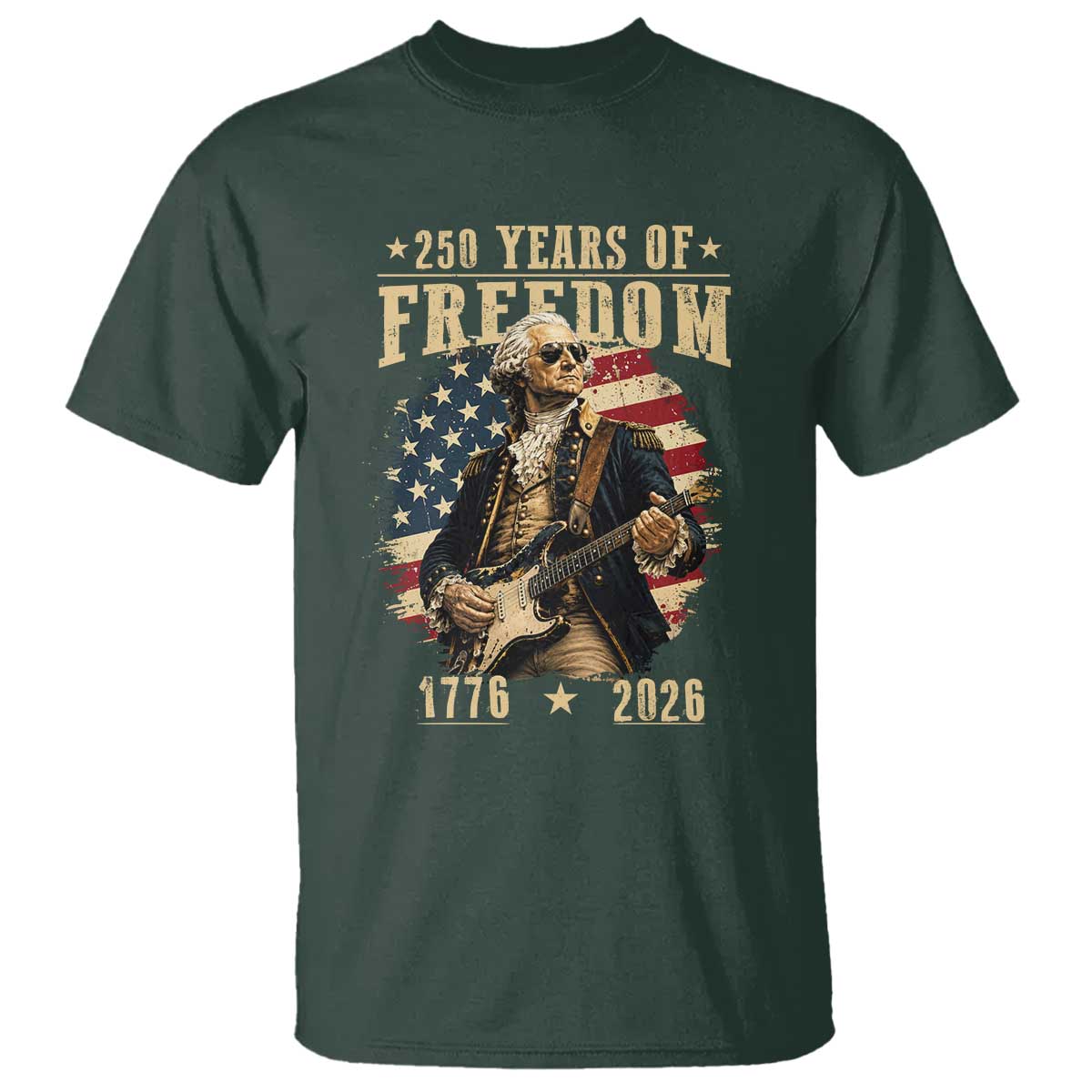 250 Years of Freedom George Washington Rock Star T Shirt Funny Electric Guitar Player Vintage American Flag 1776 to 2026 Semiquincentennial