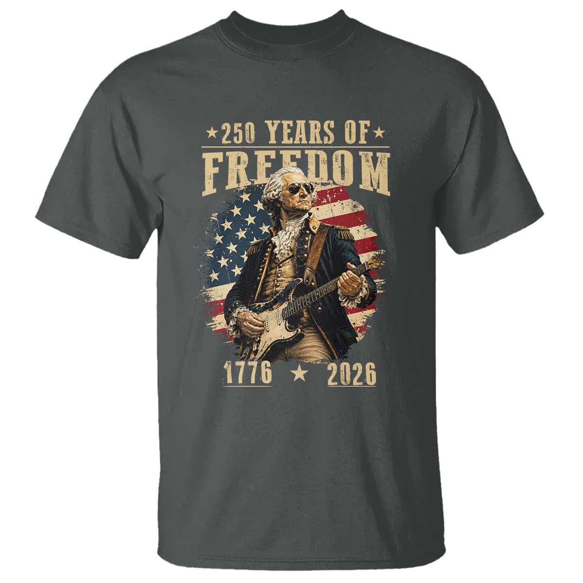 250 Years of Freedom George Washington Rock Star T Shirt Funny Electric Guitar Player Vintage American Flag 1776 to 2026 Semiquincentennial