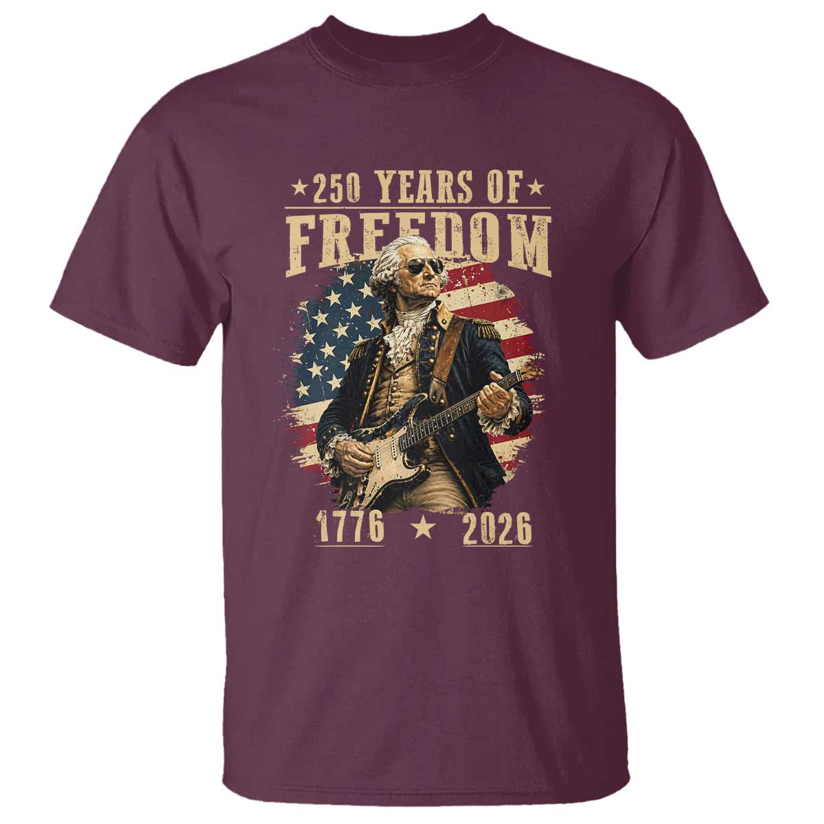 250 Years of Freedom George Washington Rock Star T Shirt Funny Electric Guitar Player Vintage American Flag 1776 to 2026 Semiquincentennial