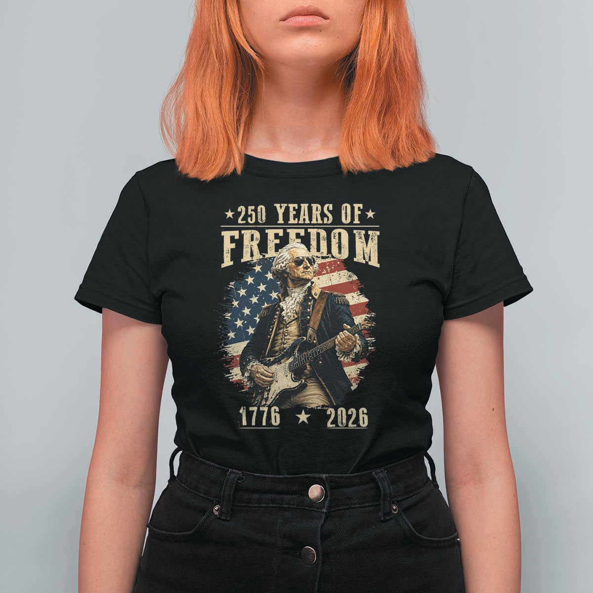 250 Years of Freedom George Washington Rock Star T Shirt For Women Funny Electric Guitar Player Vintage American Flag 1776 to 2026 Semiquincentennial