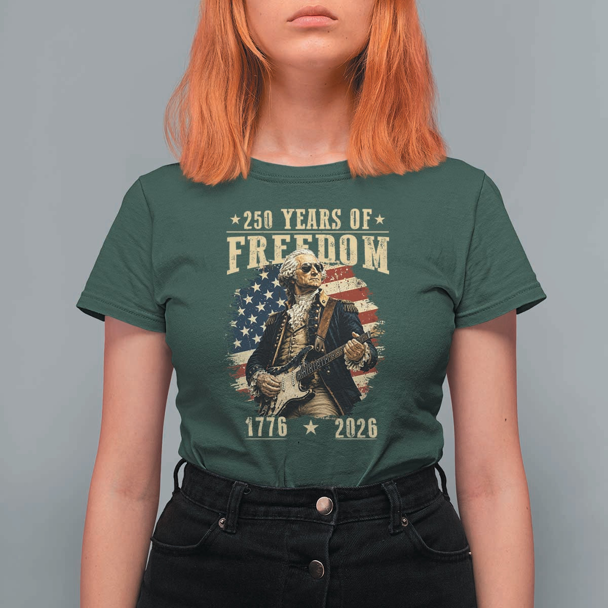 250 Years of Freedom George Washington Rock Star T Shirt For Women Funny Electric Guitar Player Vintage American Flag 1776 to 2026 Semiquincentennial