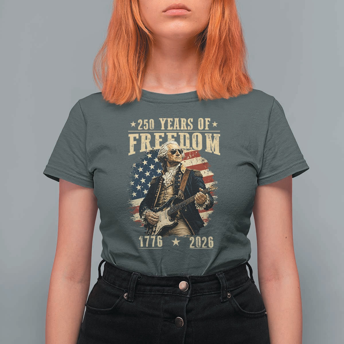 250 Years of Freedom George Washington Rock Star T Shirt For Women Funny Electric Guitar Player Vintage American Flag 1776 to 2026 Semiquincentennial