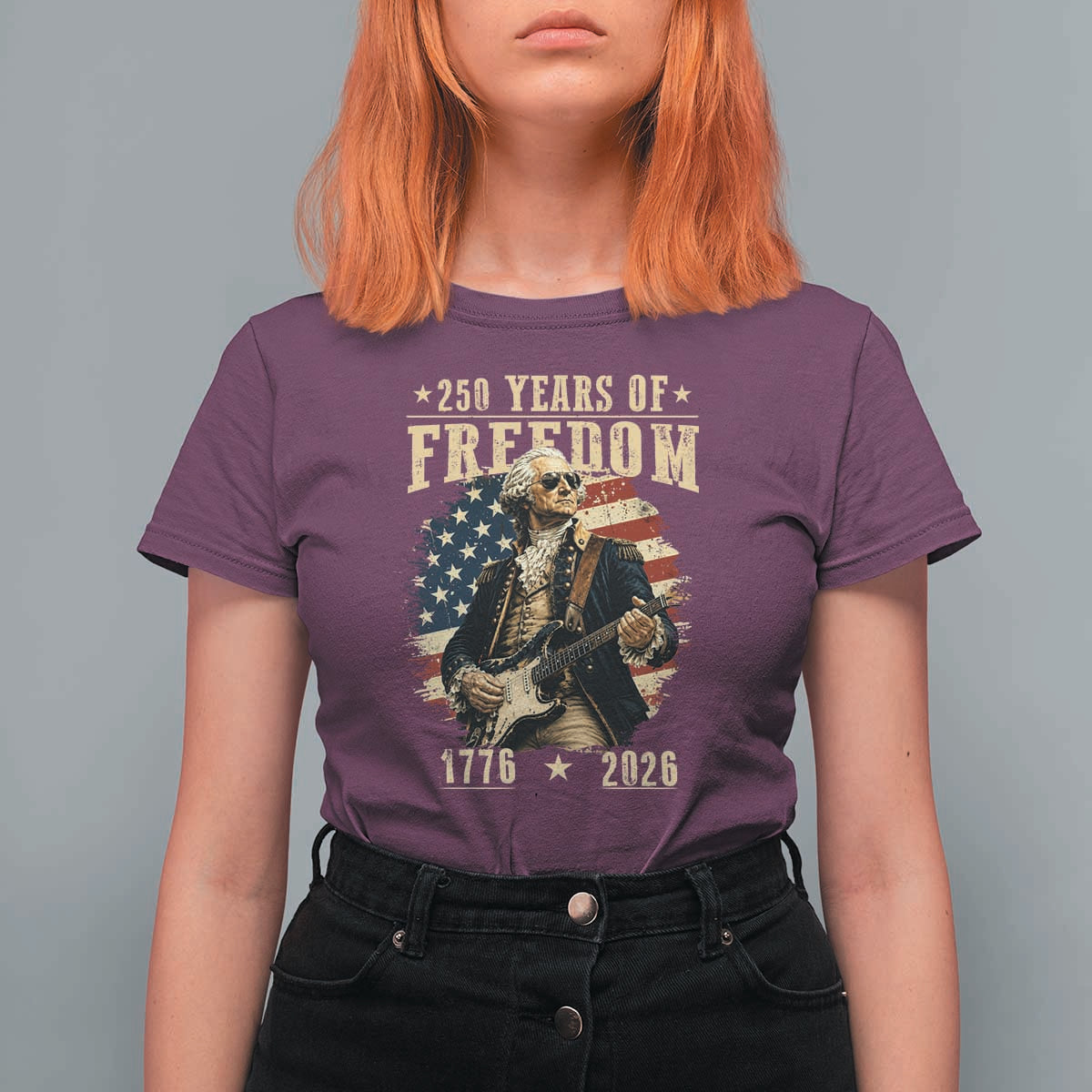 250 Years of Freedom George Washington Rock Star T Shirt For Women Funny Electric Guitar Player Vintage American Flag 1776 to 2026 Semiquincentennial