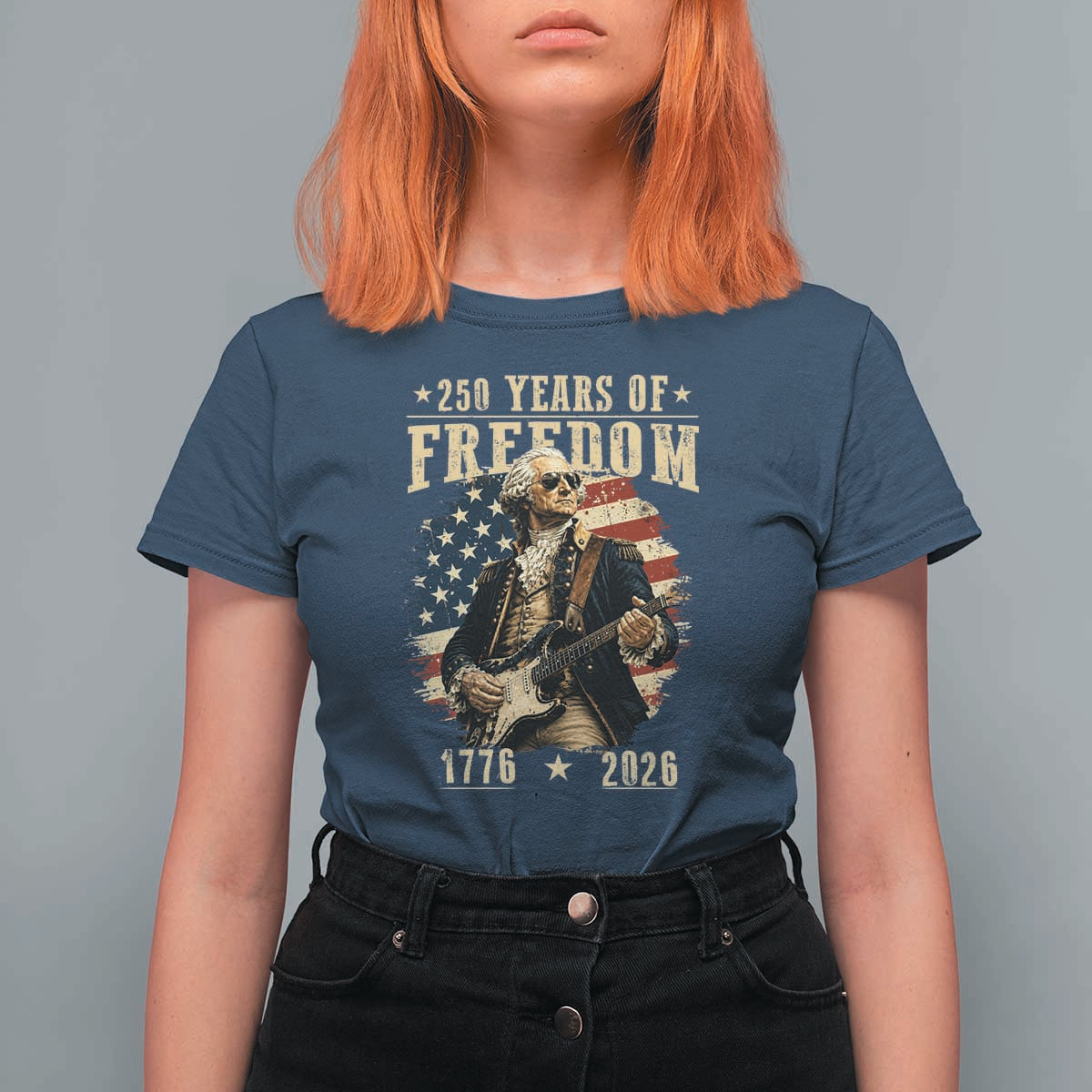 250 Years of Freedom George Washington Rock Star T Shirt For Women Funny Electric Guitar Player Vintage American Flag 1776 to 2026 Semiquincentennial