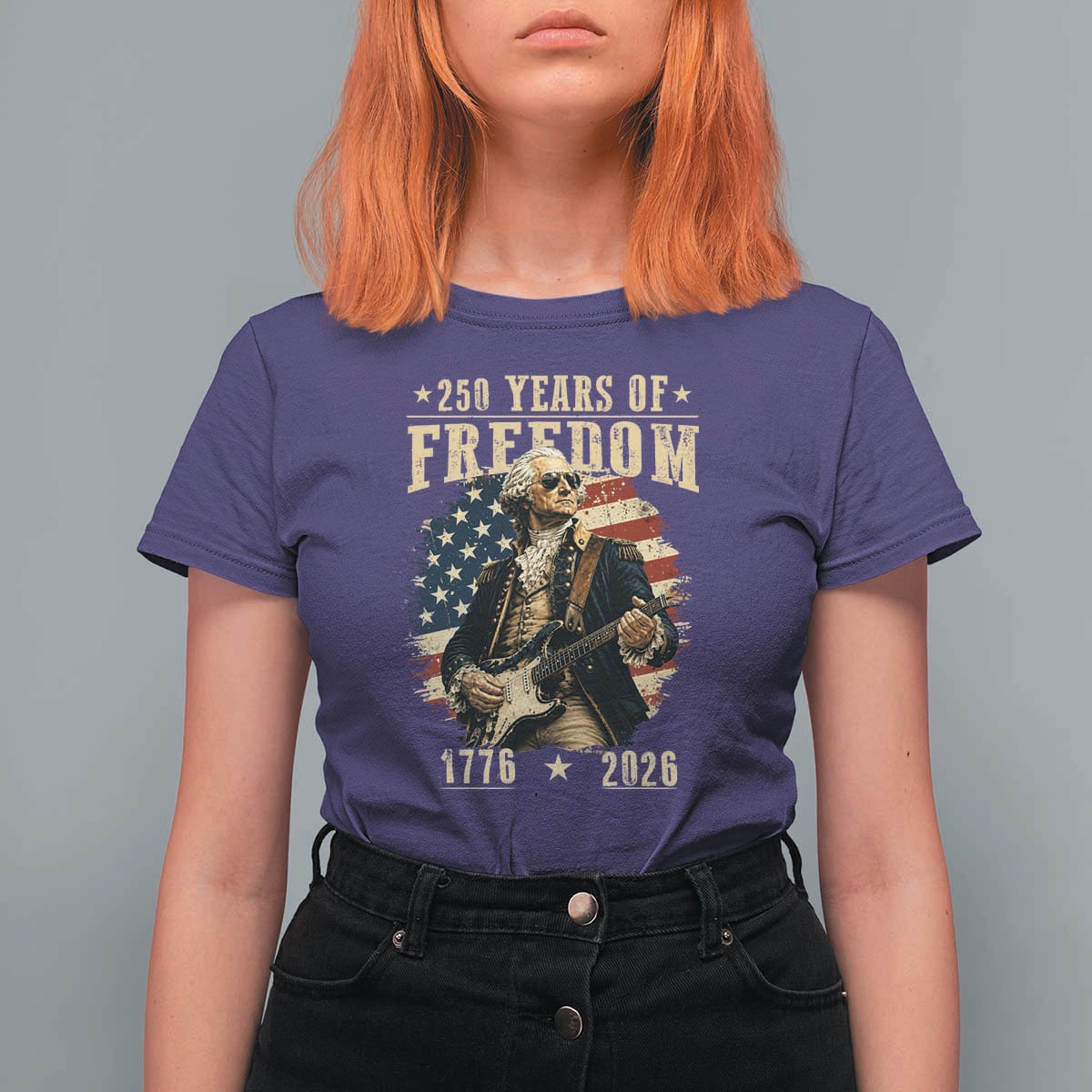 250 Years of Freedom George Washington Rock Star T Shirt For Women Funny Electric Guitar Player Vintage American Flag 1776 to 2026 Semiquincentennial