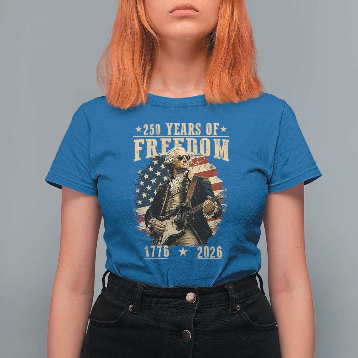250 Years of Freedom George Washington Rock Star T Shirt For Women Funny Electric Guitar Player Vintage American Flag 1776 to 2026 Semiquincentennial