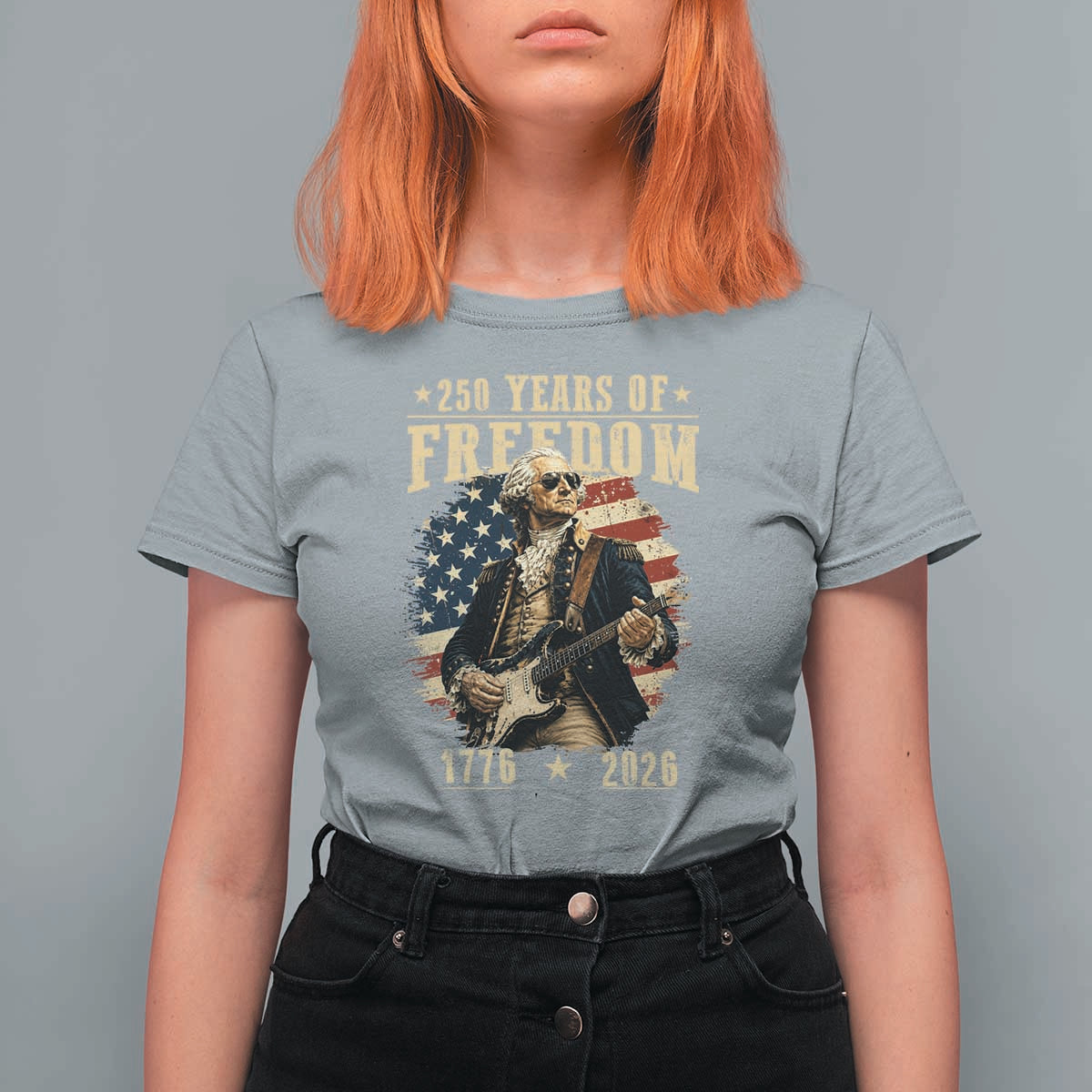 250 Years of Freedom George Washington Rock Star T Shirt For Women Funny Electric Guitar Player Vintage American Flag 1776 to 2026 Semiquincentennial