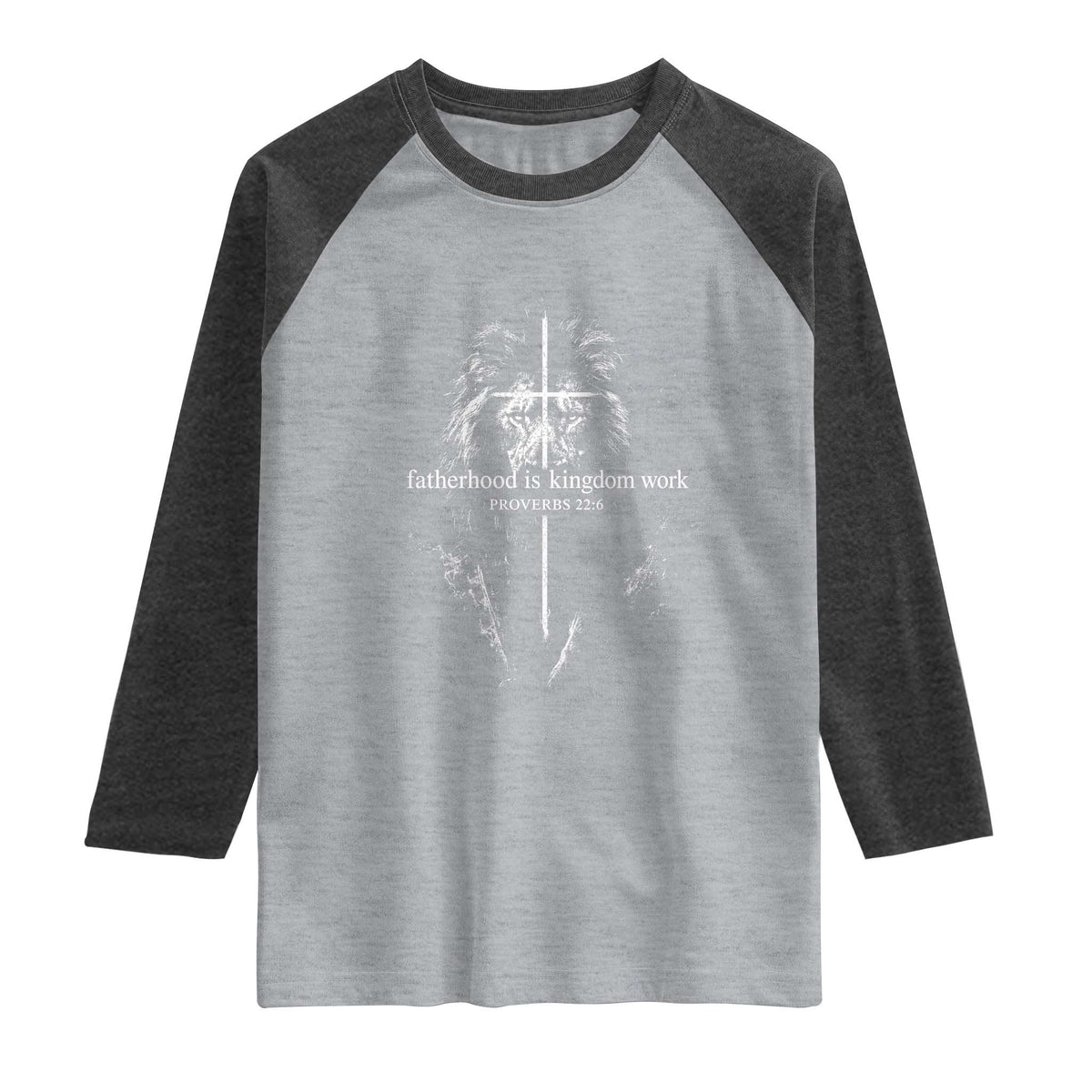 Christian Dad Lion of Judah Cross Spiritual Warrior Raglan Shirt Fatherhood Is Kingdom Work Proverbs 22:6 Religious Fathers Day