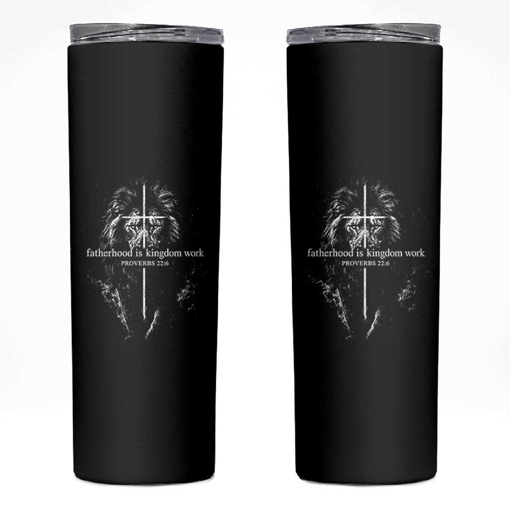 Christian Dad Lion of Judah Cross Spiritual Warrior Skinny Tumbler Fatherhood Is Kingdom Work Proverbs 22:6 Religious Fathers Day