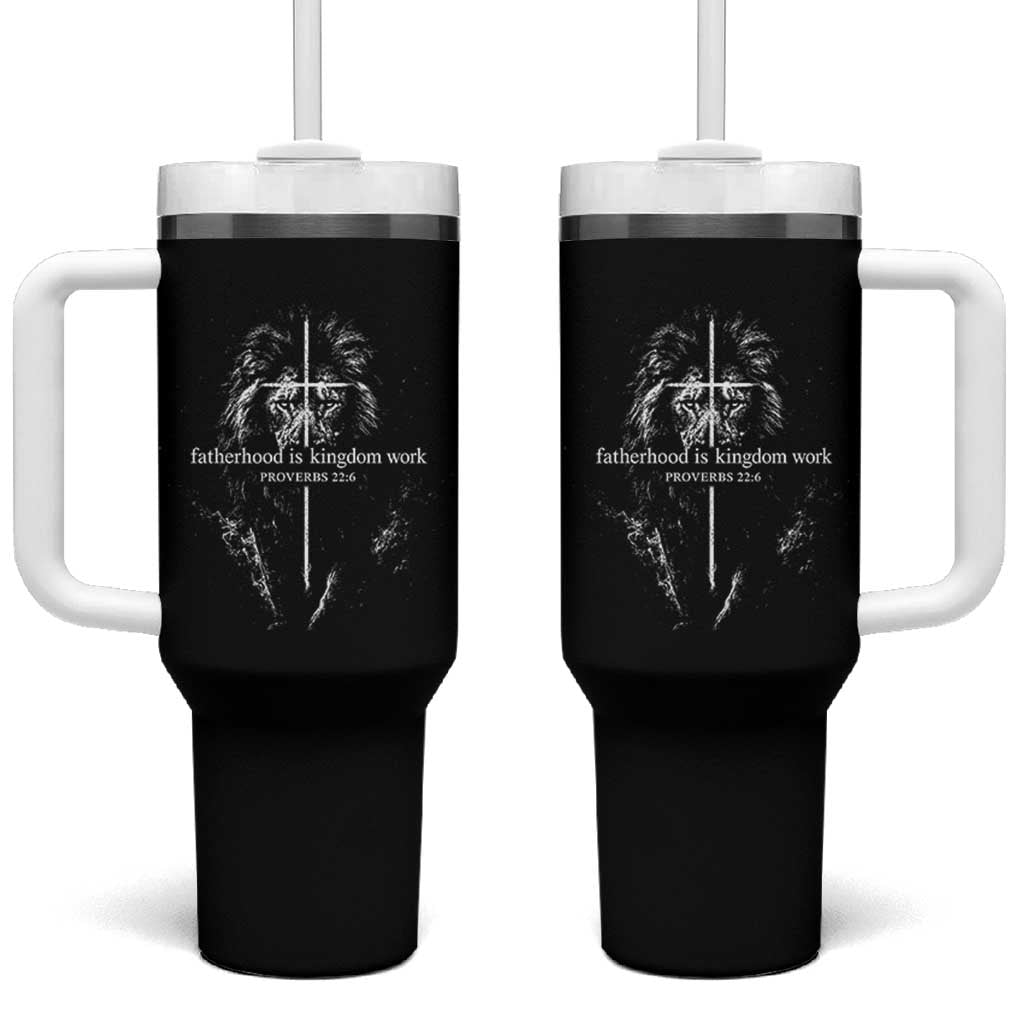 Christian Dad Lion of Judah Cross Spiritual Warrior Tumbler With Handle Fatherhood Is Kingdom Work Proverbs 22:6 Religious Fathers Day