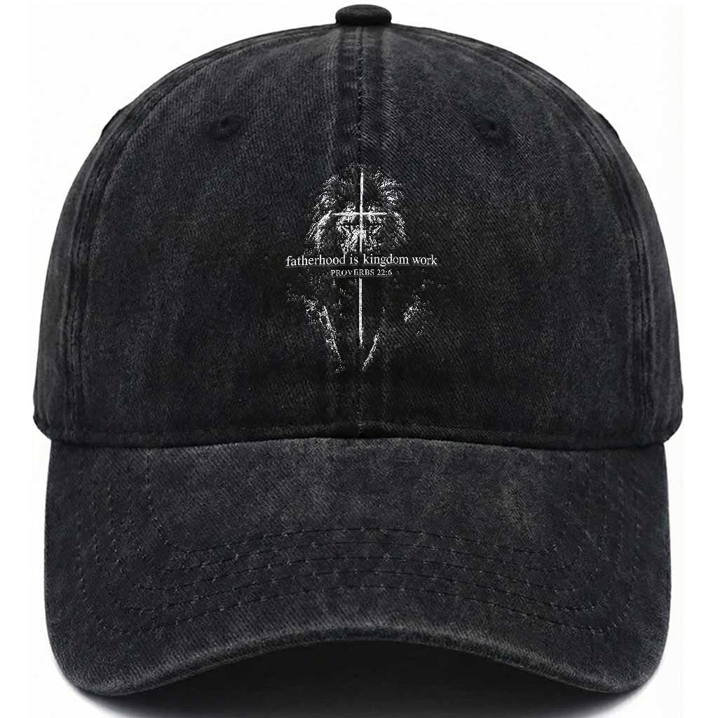 Christian Dad Lion of Judah Cross Spiritual Warrior Washed Cotton Baseball Cap Fatherhood Is Kingdom Work Proverbs 22:6 Religious Fathers Day