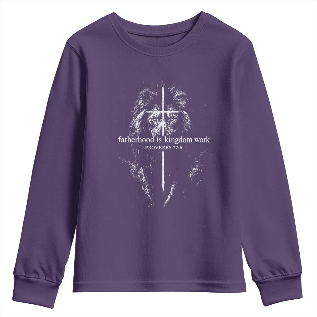 Christian Dad Lion of Judah Cross Spiritual Warrior Youth Sweatshirt Fatherhood Is Kingdom Work Proverbs 22:6 Religious Fathers Day