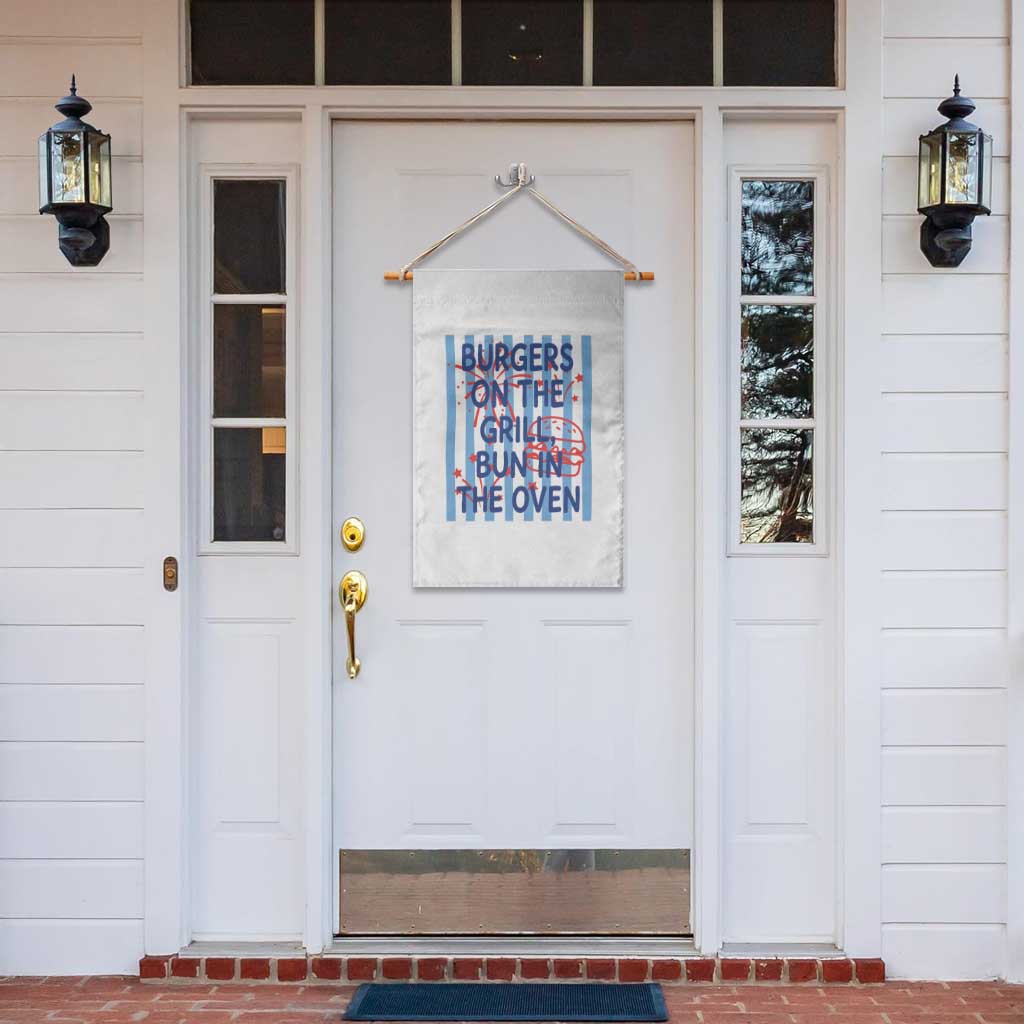 Patriotic 4th of July Pregnancy Announcement Preppy Style Garden Flag Burgers On The Grill Bun In The Oven Summer BBQ
