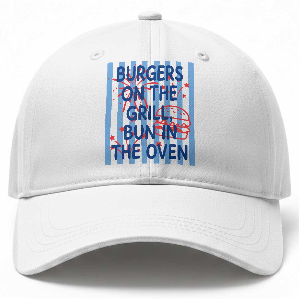 Patriotic 4th of July Pregnancy Announcement Preppy Style Baseball Cap Burgers On The Grill Bun In The Oven Summer BBQ