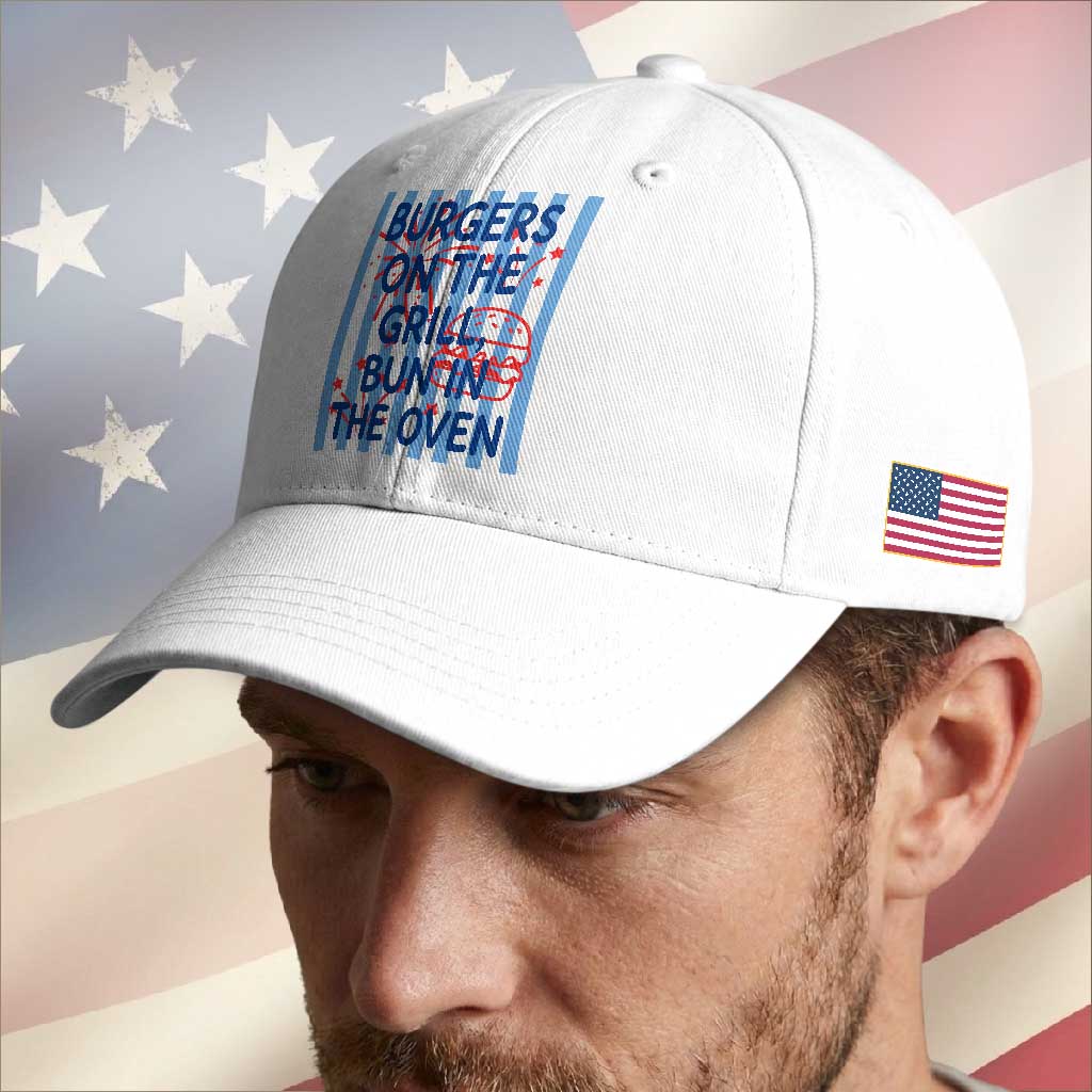 Patriotic 4th of July Pregnancy Announcement Preppy Style Baseball Cap Burgers On The Grill Bun In The Oven Summer BBQ