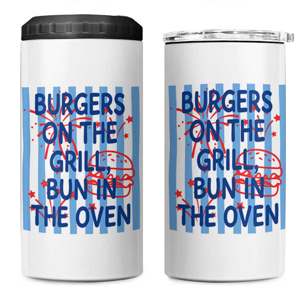 Patriotic 4th of July Pregnancy Announcement Preppy Style 4 in 1 Can Cooler Tumbler Burgers On The Grill Bun In The Oven Summer BBQ