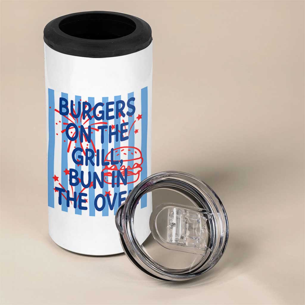 Patriotic 4th of July Pregnancy Announcement Preppy Style 4 in 1 Can Cooler Tumbler Burgers On The Grill Bun In The Oven Summer BBQ