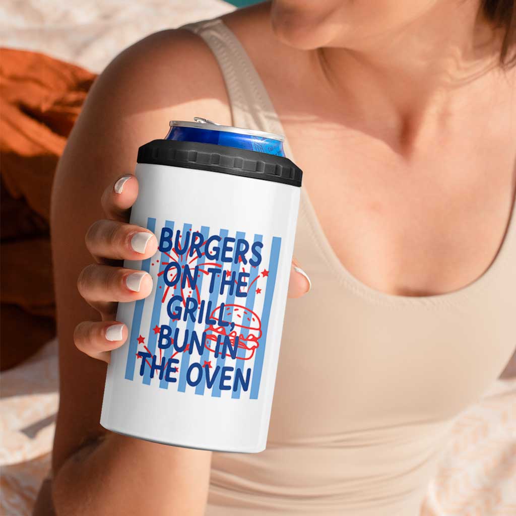 Patriotic 4th of July Pregnancy Announcement Preppy Style 4 in 1 Can Cooler Tumbler Burgers On The Grill Bun In The Oven Summer BBQ