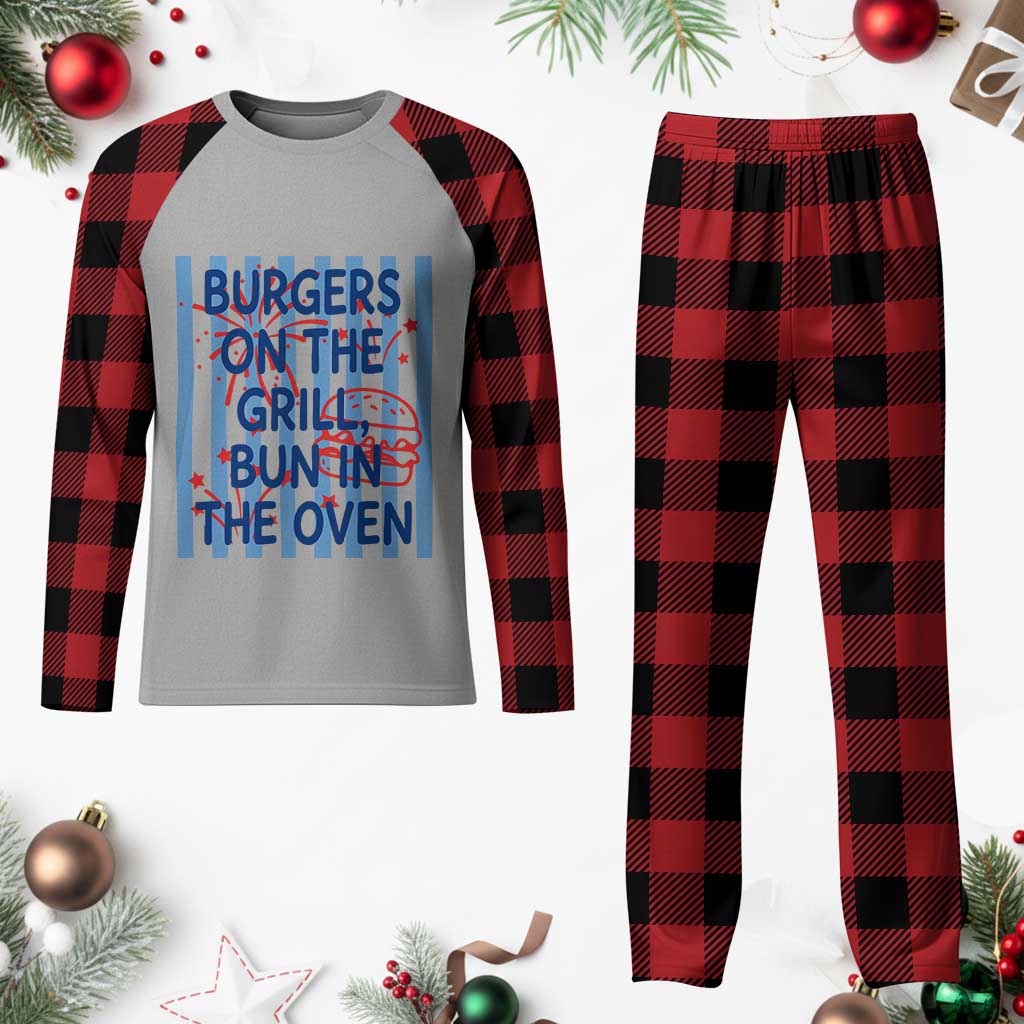 Patriotic 4th of July Pregnancy Announcement Preppy Style Plaid Pajama Set Burgers On The Grill Bun In The Oven Summer BBQ