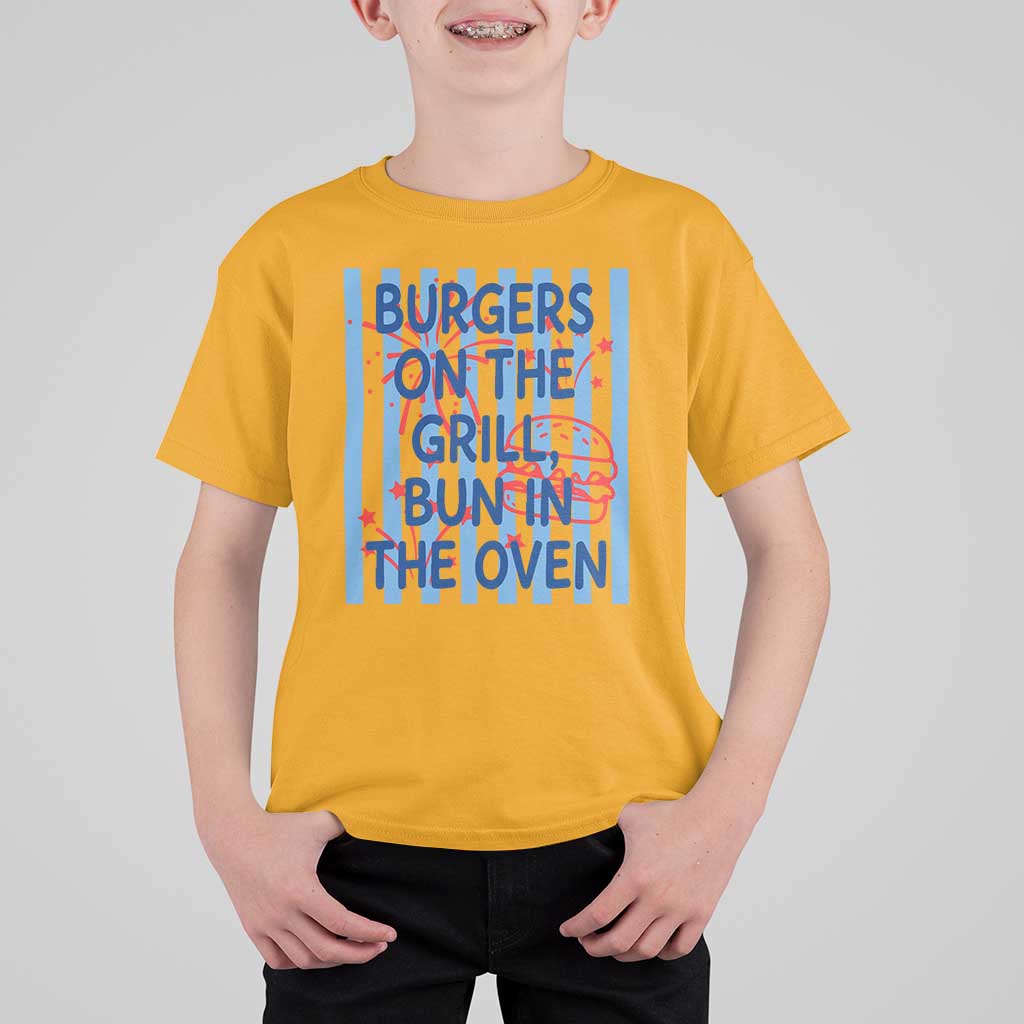 Patriotic 4th of July Pregnancy Announcement Preppy Style T Shirt For Kid Burgers On The Grill Bun In The Oven Summer BBQ