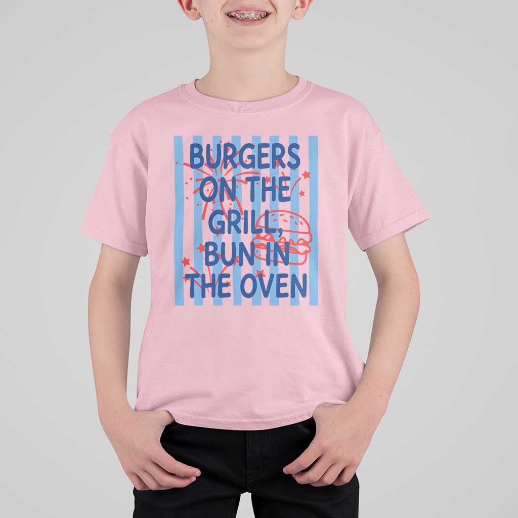 Patriotic 4th of July Pregnancy Announcement Preppy Style T Shirt For Kid Burgers On The Grill Bun In The Oven Summer BBQ