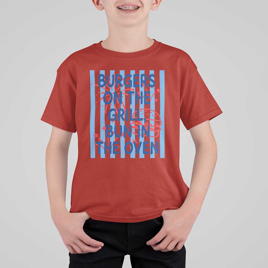 Patriotic 4th of July Pregnancy Announcement Preppy Style T Shirt For Kid Burgers On The Grill Bun In The Oven Summer BBQ