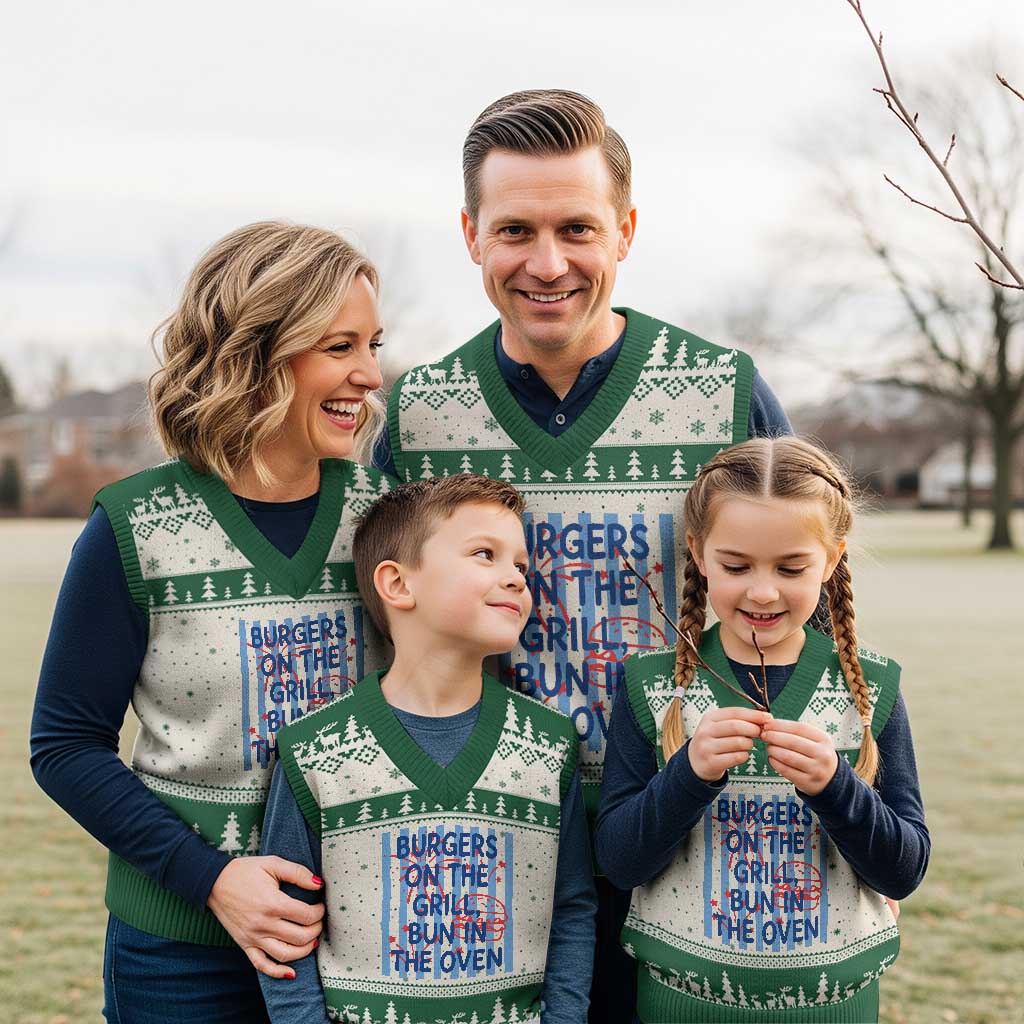 Patriotic 4th of July Pregnancy Announcement Preppy Style V-Neck Knit Sweater Vest Burgers On The Grill Bun In The Oven Summer BBQ