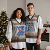 Patriotic 4th of July Pregnancy Announcement Preppy Style V-Neck Knit Sweater Vest Burgers On The Grill Bun In The Oven Summer BBQ