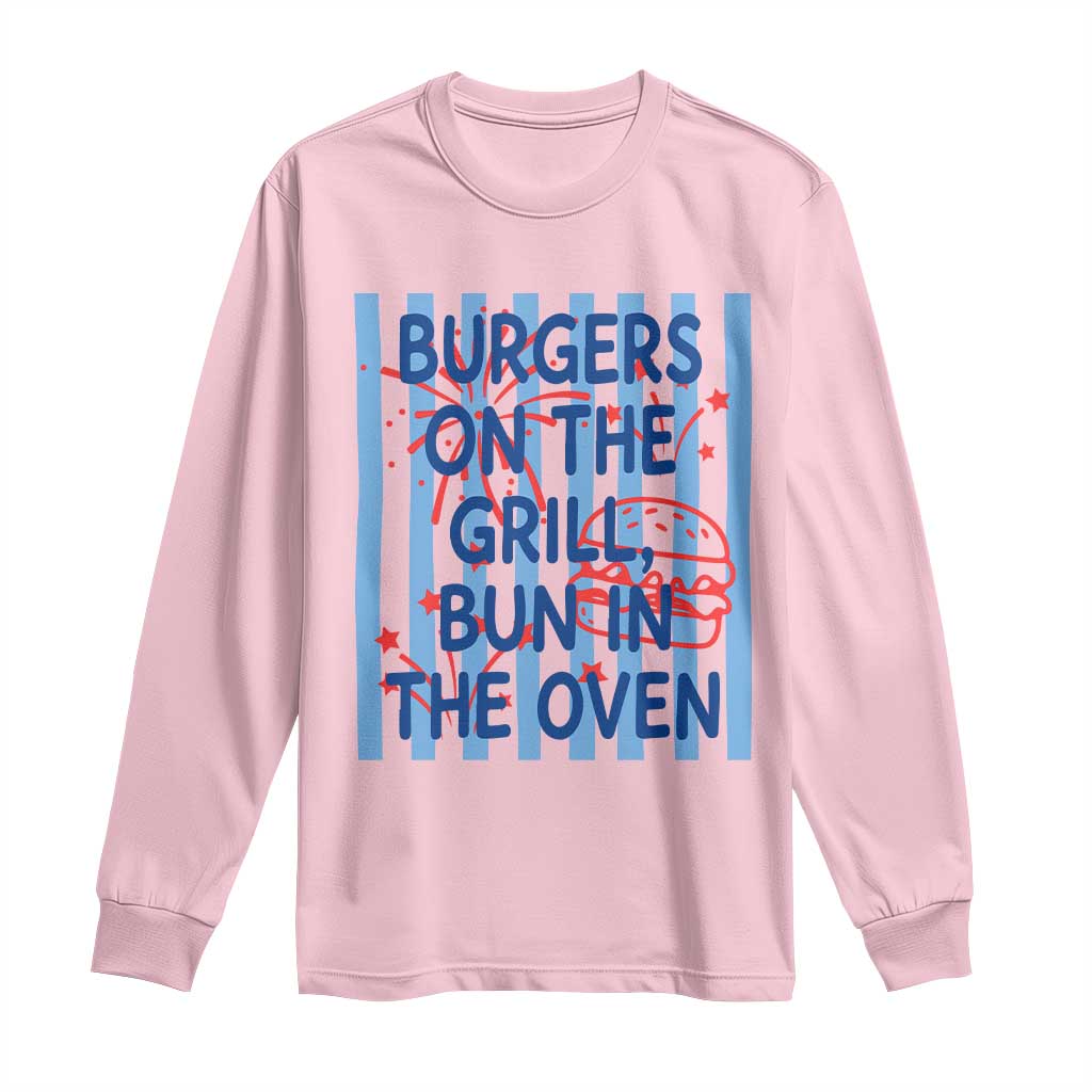 Patriotic 4th of July Pregnancy Announcement Preppy Style Long Sleeve Shirt Burgers On The Grill Bun In The Oven Summer BBQ