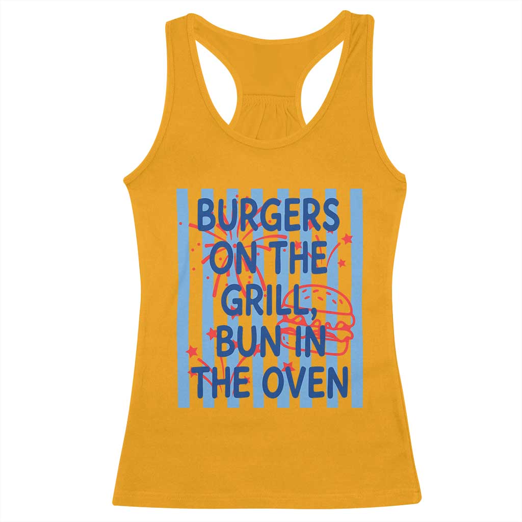 Patriotic 4th of July Pregnancy Announcement Preppy Style Racerback Tank Top Burgers On The Grill Bun In The Oven Summer BBQ