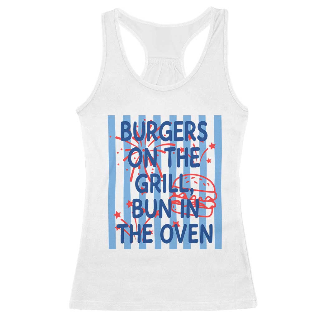 Patriotic 4th of July Pregnancy Announcement Preppy Style Racerback Tank Top Burgers On The Grill Bun In The Oven Summer BBQ