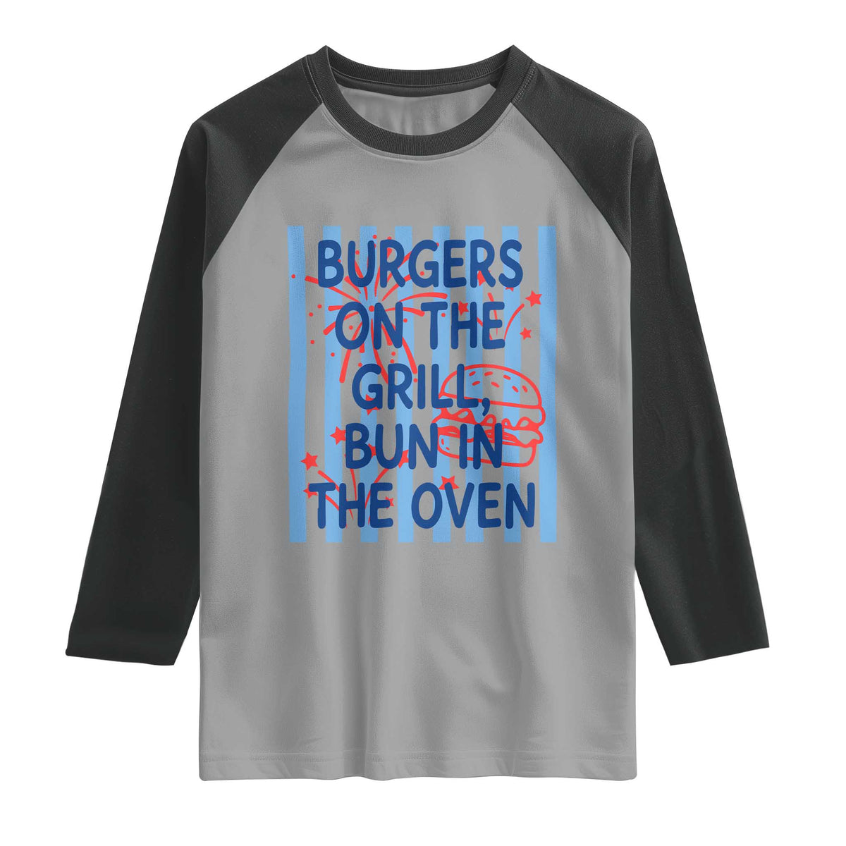 Patriotic 4th of July Pregnancy Announcement Preppy Style Raglan Shirt Burgers On The Grill Bun In The Oven Summer BBQ