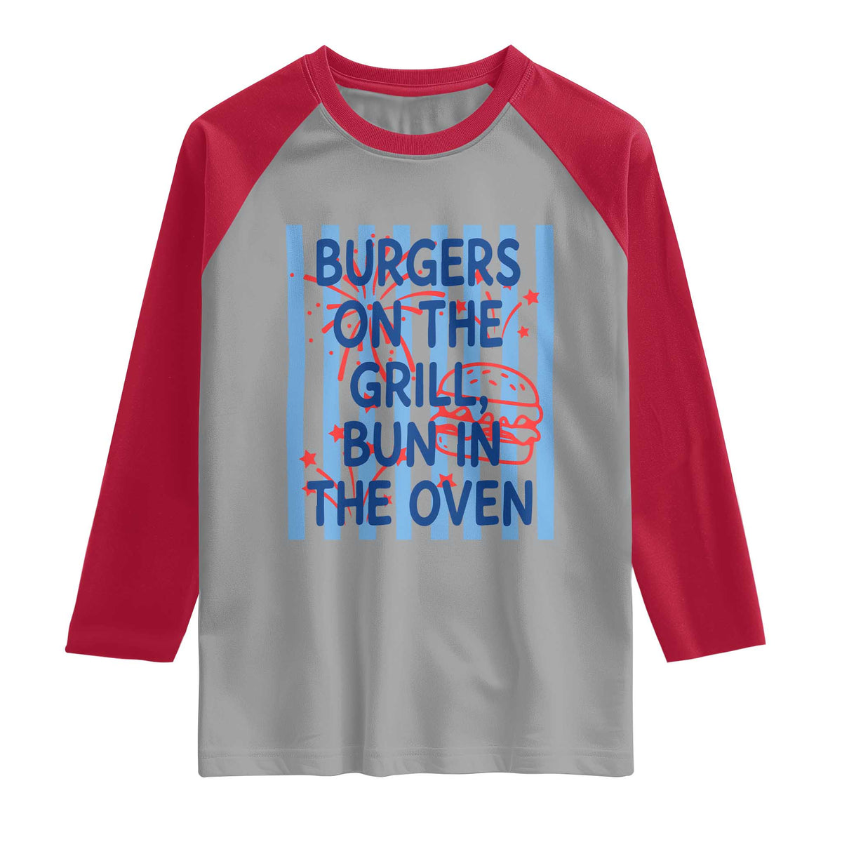 Patriotic 4th of July Pregnancy Announcement Preppy Style Raglan Shirt Burgers On The Grill Bun In The Oven Summer BBQ