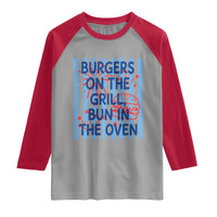 Patriotic 4th of July Pregnancy Announcement Preppy Style Raglan Shirt Burgers On The Grill Bun In The Oven Summer BBQ