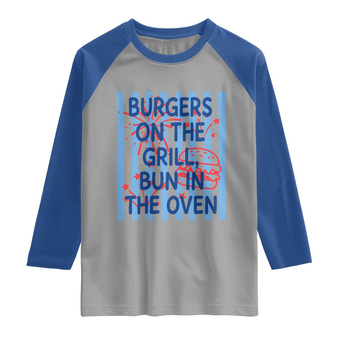 Patriotic 4th of July Pregnancy Announcement Preppy Style Raglan Shirt Burgers On The Grill Bun In The Oven Summer BBQ