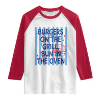 Patriotic 4th of July Pregnancy Announcement Preppy Style Raglan Shirt Burgers On The Grill Bun In The Oven Summer BBQ