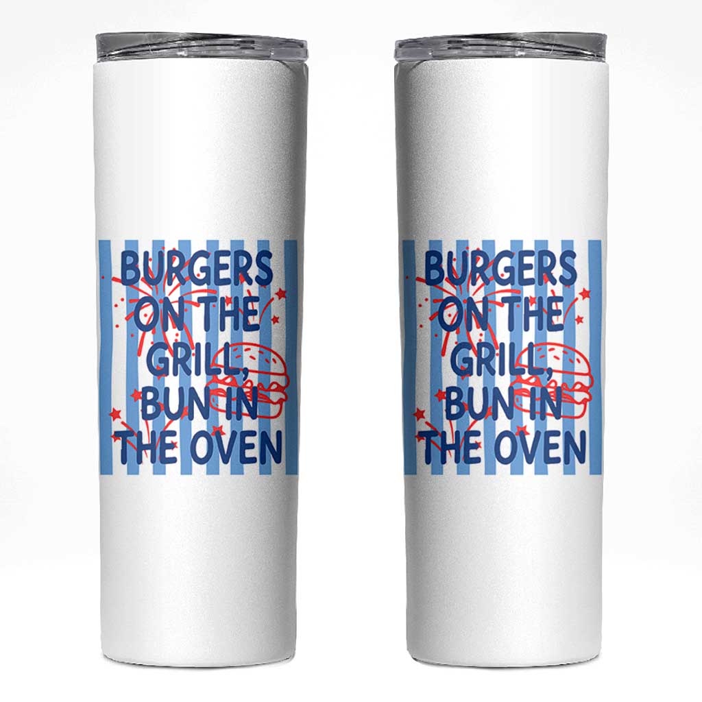 Patriotic 4th of July Pregnancy Announcement Preppy Style Skinny Tumbler Burgers On The Grill Bun In The Oven Summer BBQ