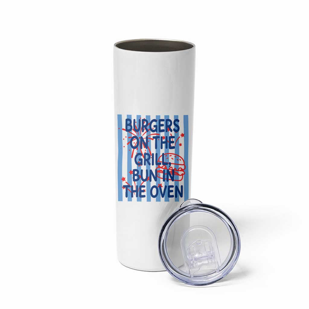 Patriotic 4th of July Pregnancy Announcement Preppy Style Skinny Tumbler Burgers On The Grill Bun In The Oven Summer BBQ