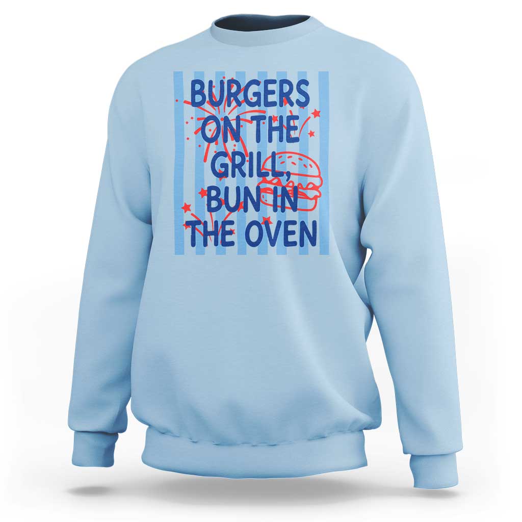Patriotic 4th of July Pregnancy Announcement Preppy Style Sweatshirt Burgers On The Grill Bun In The Oven Summer BBQ
