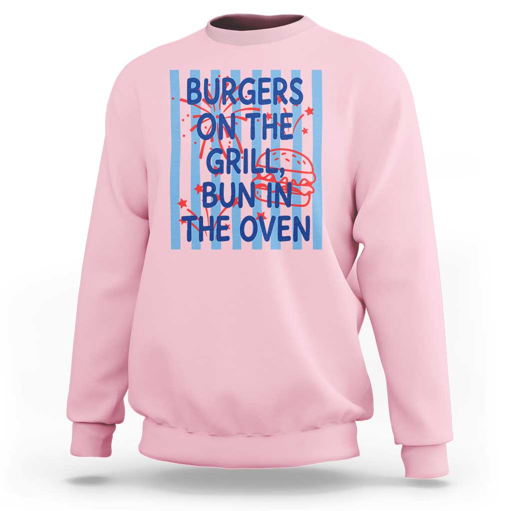 Patriotic 4th of July Pregnancy Announcement Preppy Style Sweatshirt Burgers On The Grill Bun In The Oven Summer BBQ