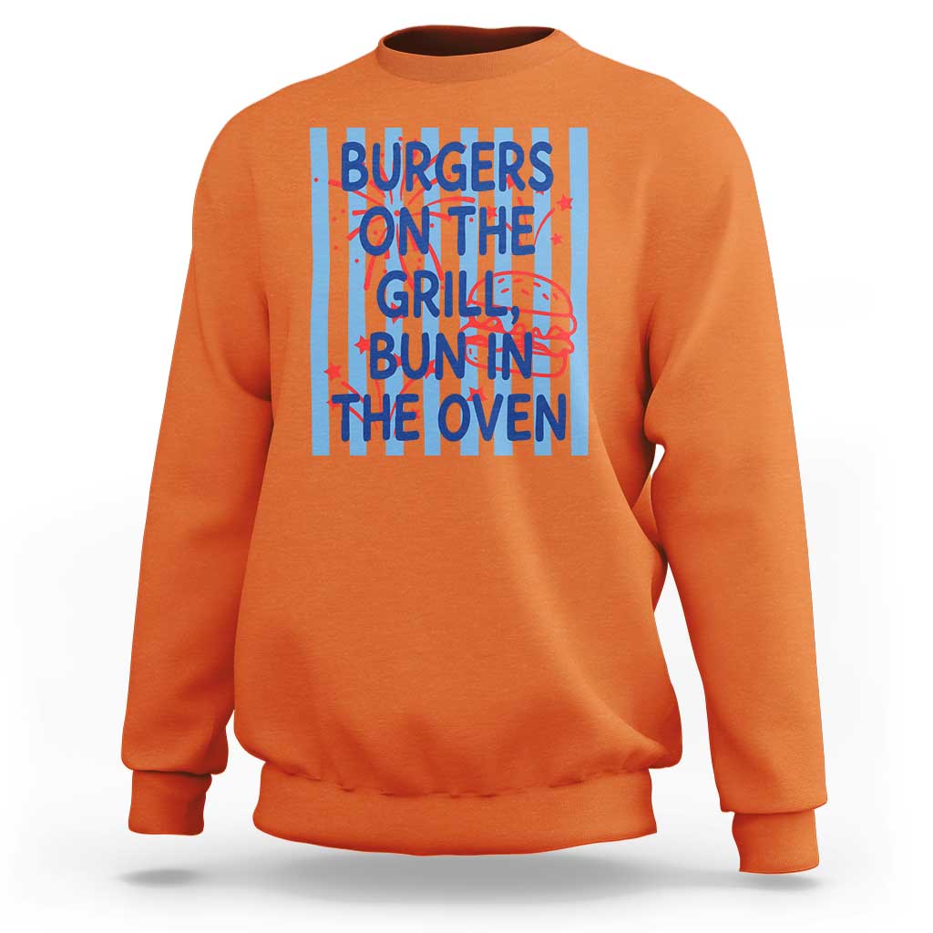 Patriotic 4th of July Pregnancy Announcement Preppy Style Sweatshirt Burgers On The Grill Bun In The Oven Summer BBQ